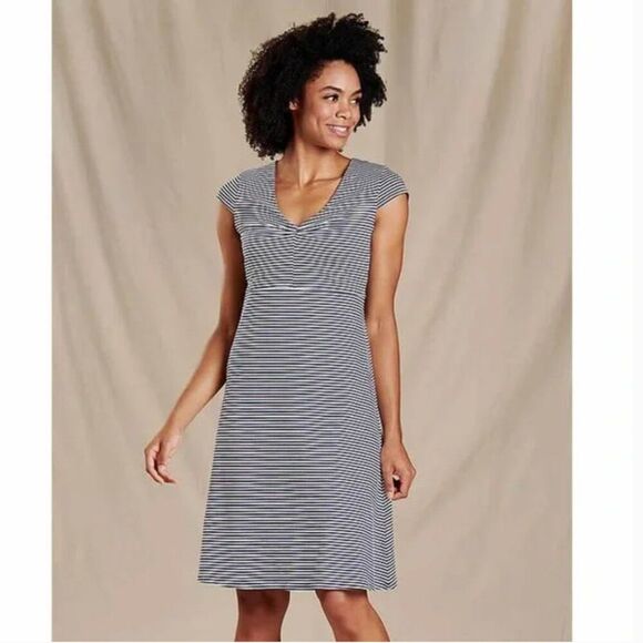 Toad&Co Size Small S Rosemarie Dress Gray White Stripe Short Sleeve - Picture 1 of 10